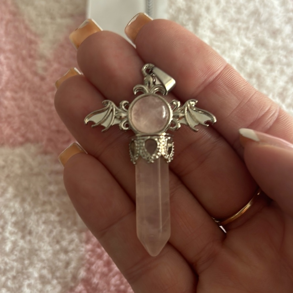 Stunning stainless steel necklace rose quartz wing pendant - ever worn
